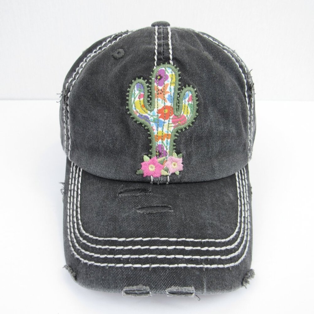 Floral Cactus Embroidered Gray Kbethos Vintage Women's Cap Distressed Adult Hat